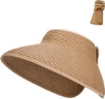 Sun Visors for Women Wide Brim Beach Hat Foldable Straw Visor Hat Ponytail Summer Packable
