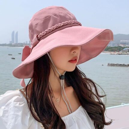 Women's Wide Brim Sun Hat with Long Tail Bow Accent, Lightweight Packable Summer Bucket Cap for Beach, Travel, Outdoor