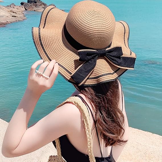 71AkuttyHFL._AC_SX569_.jpg Women's Wide Brim Straw Hat, Summer Beach Sun Protection Hat Floppy Hat with Bowknot - Image 1